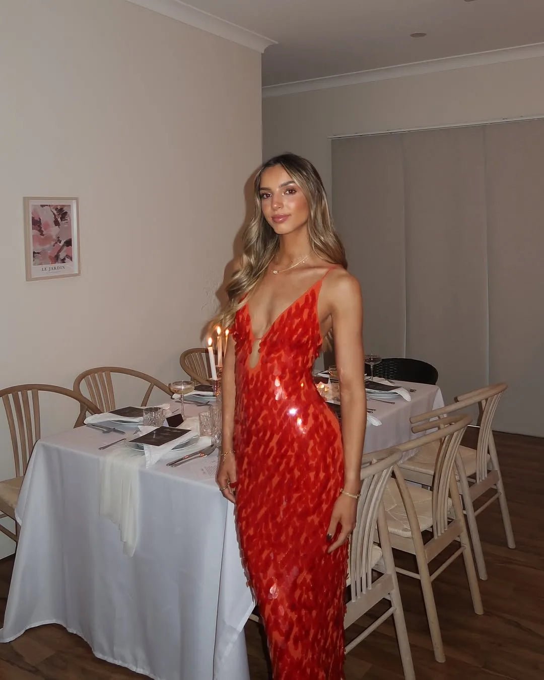 Alba | Sybil Elegant Red Sequin V - Neck Mermaid Gown - Red - 4