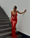 Alba | Sybil Elegant Red Sequin V-Neck Mermaid Gown