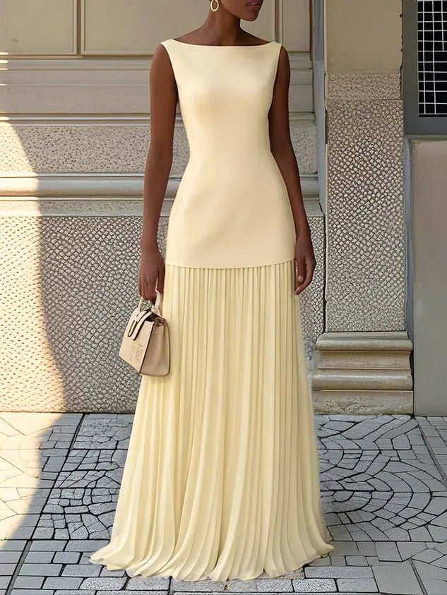 Camille | Elegant Sleeveless Pleated Maxi Dress With Boat Neck - Light Yellow - 6