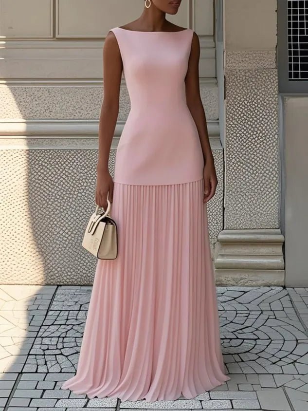 Camille | Elegant Sleeveless Pleated Maxi Dress With Boat Neck - Pink - 2
