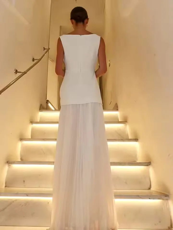 Camille | Elegant Sleeveless Pleated Maxi Dress With Boat Neck - White - 7