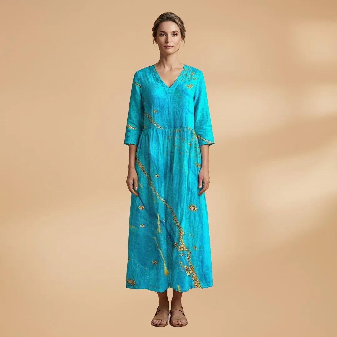 Hazel | Elegant Summer Dress with V - Neck and Floral Print - Blue - 13