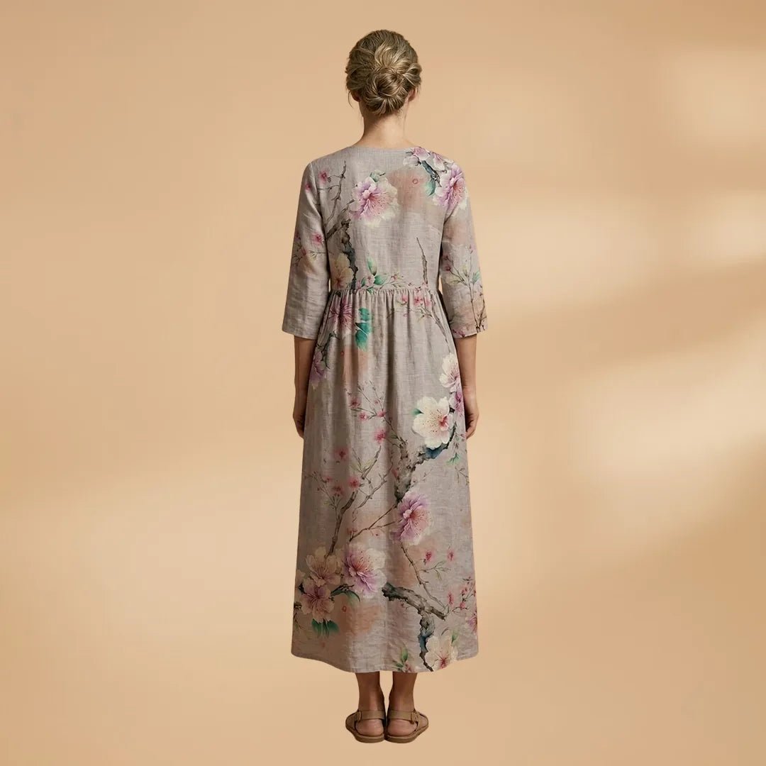 Hazel | Elegant Summer Dress with V - Neck and Floral Print - Gray - 5