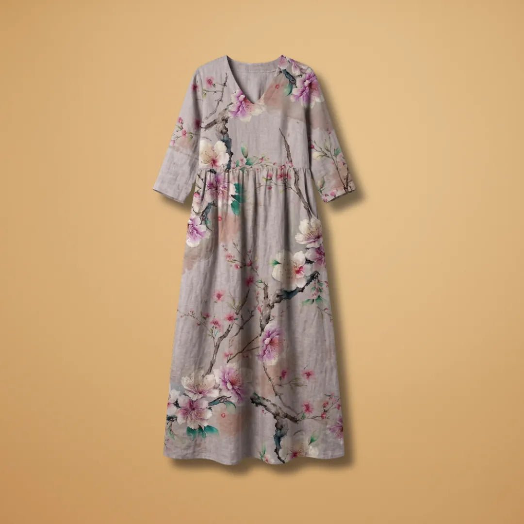 Hazel | Elegant Summer Dress with V - Neck and Floral Print - Gray - 1