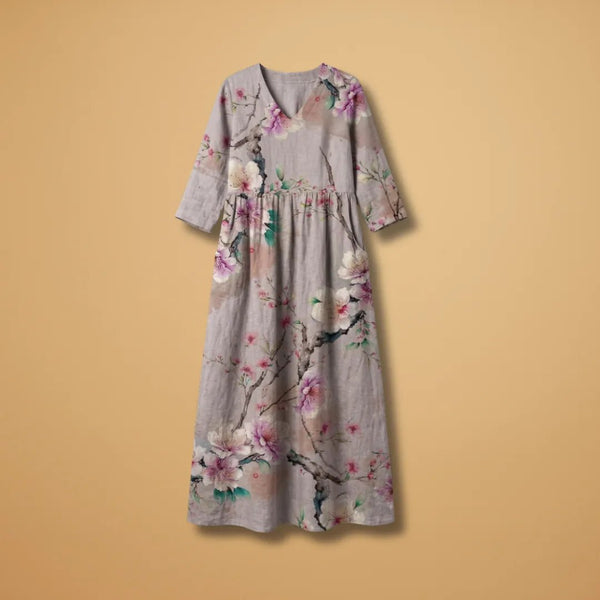 Hazel | Elegant Summer Dress with V - Neck and Floral Print - Gray - 1