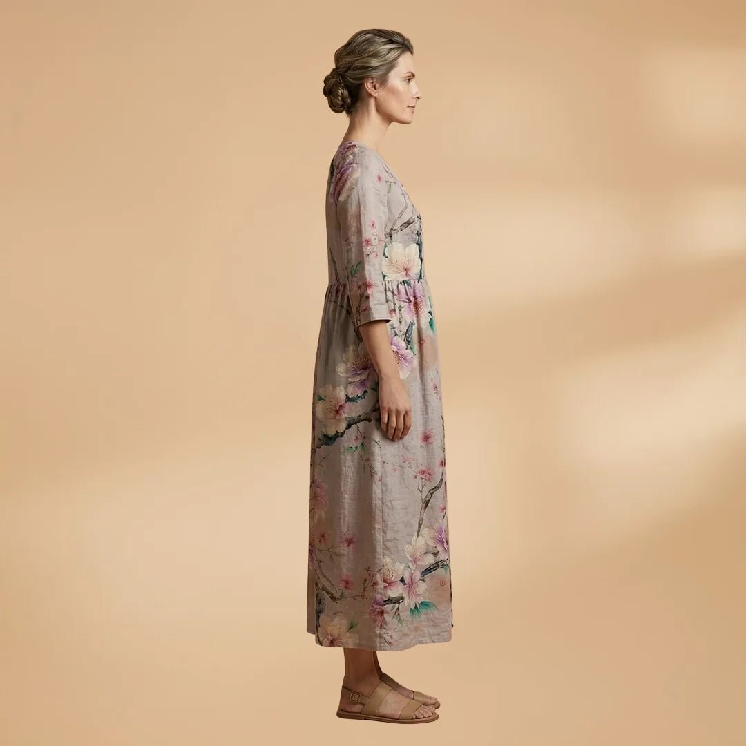Hazel | Elegant Summer Dress with V - Neck and Floral Print - Gray - 3