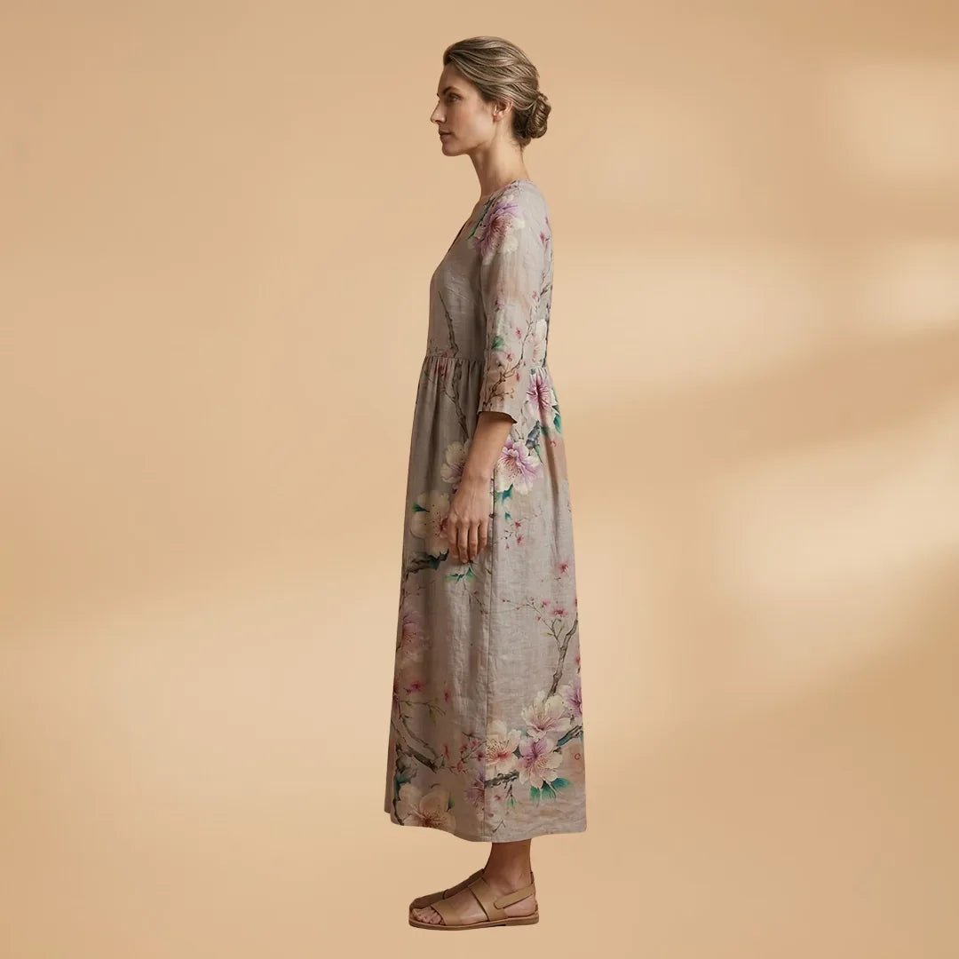 Hazel | Elegant Summer Dress with V - Neck and Floral Print - Gray - 4