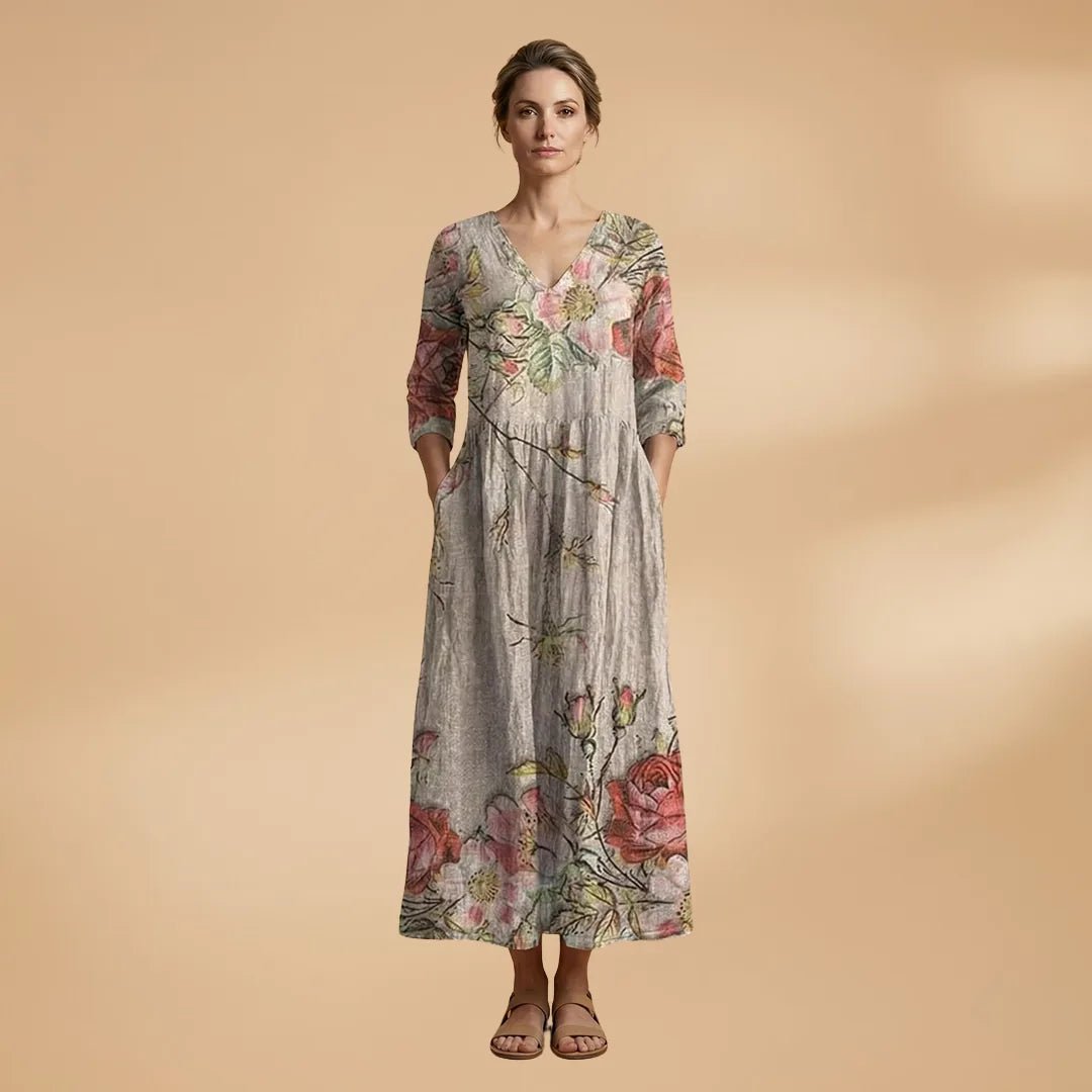 Hazel | Elegant Summer Dress with V - Neck and Floral Print - Light Gray - 15