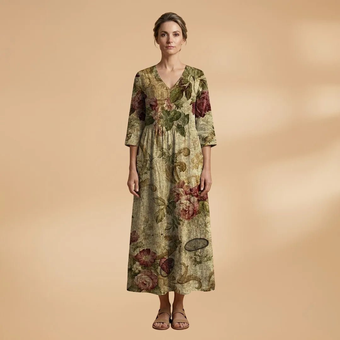 Hazel | Elegant Summer Dress with V - Neck and Floral Print - Olive - 12