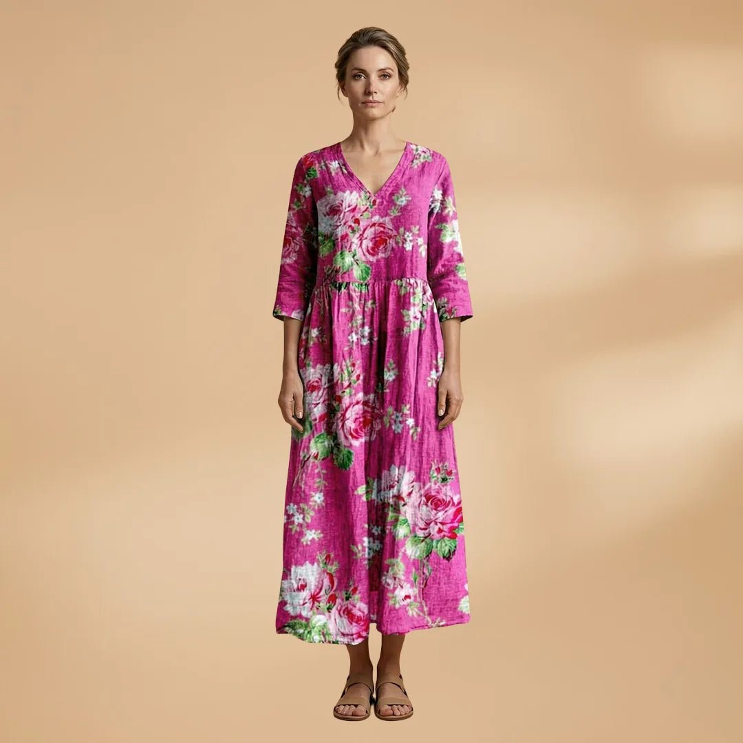 Hazel | Elegant Summer Dress with V - Neck and Floral Print - Purple - 10