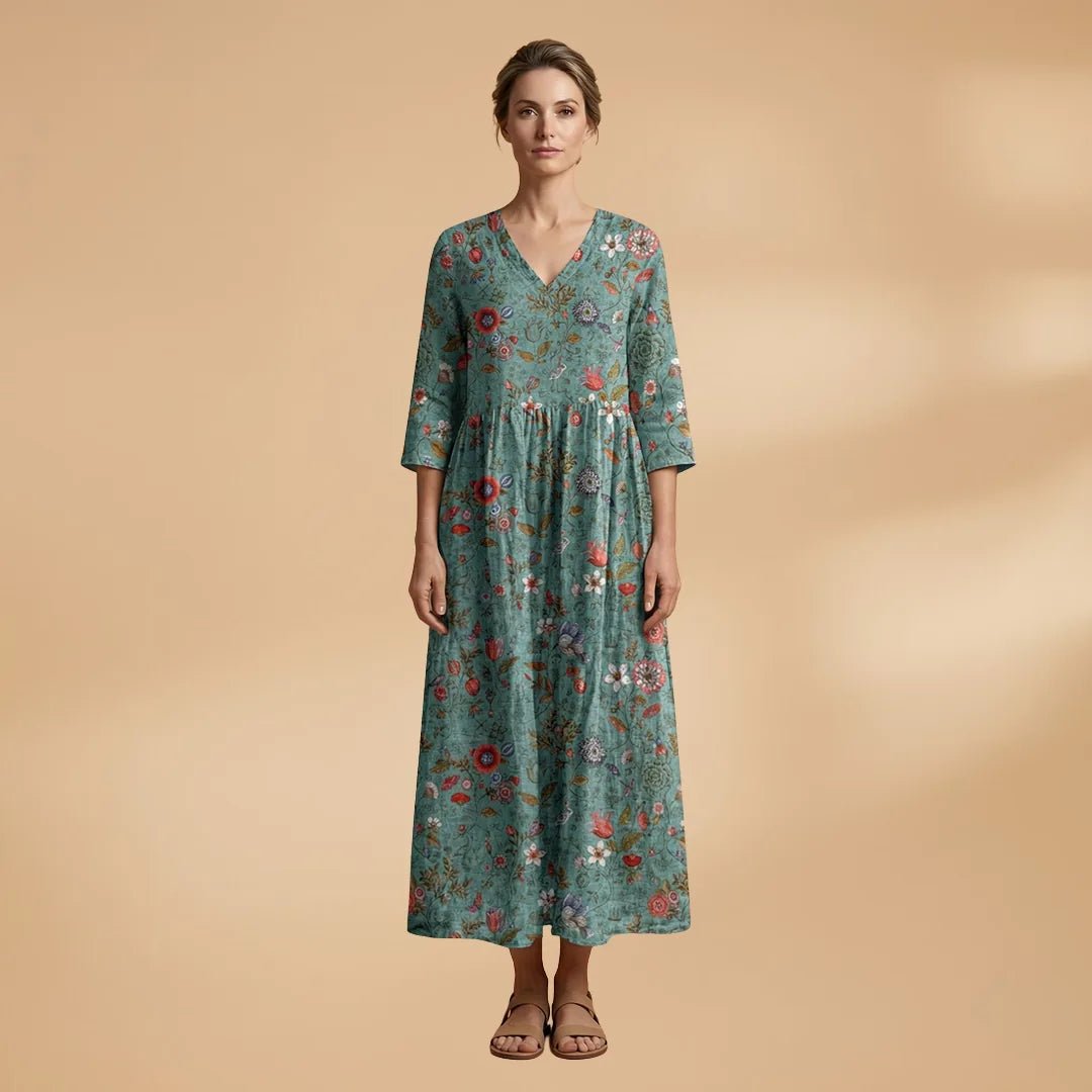 Hazel | Elegant Summer Dress with V - Neck and Floral Print - Teal - 11