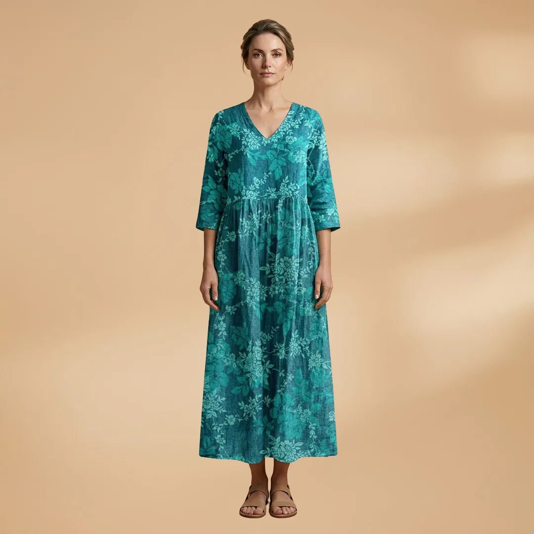 Hazel | Elegant Summer Dress with V - Neck and Floral Print - Turquoise - 9