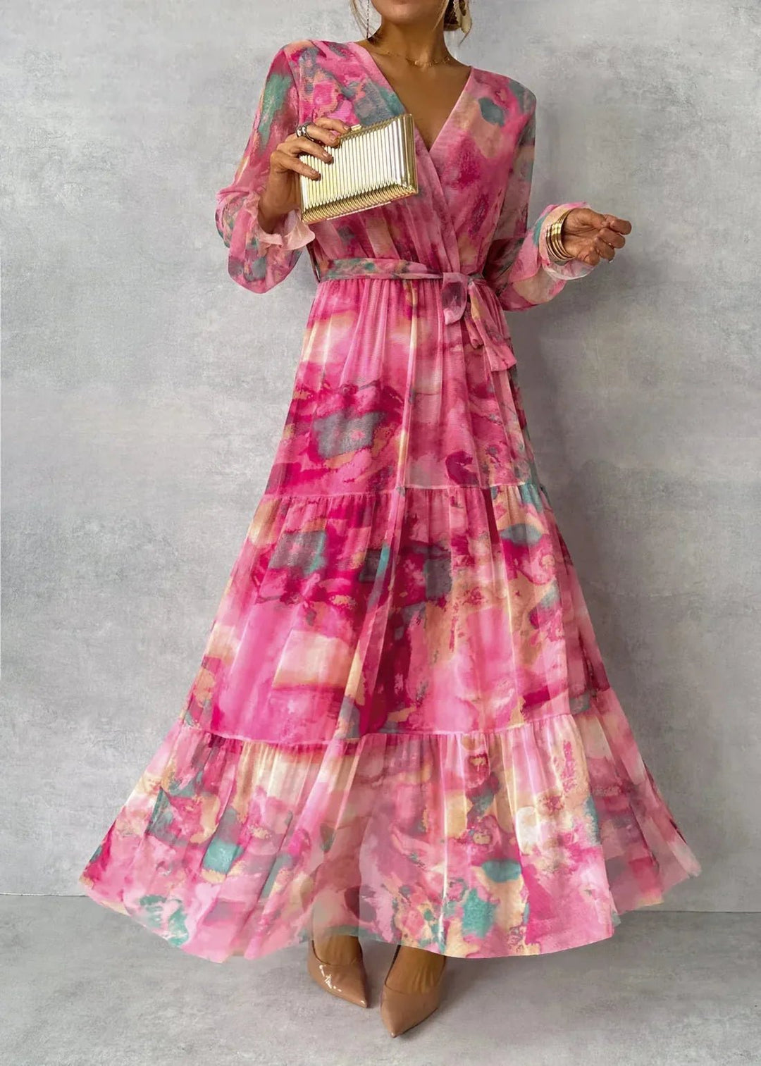 Aria | Elegant Tiered V - Neck Floral Maxi Dress With Wrap Silhouette - Floral - 1
