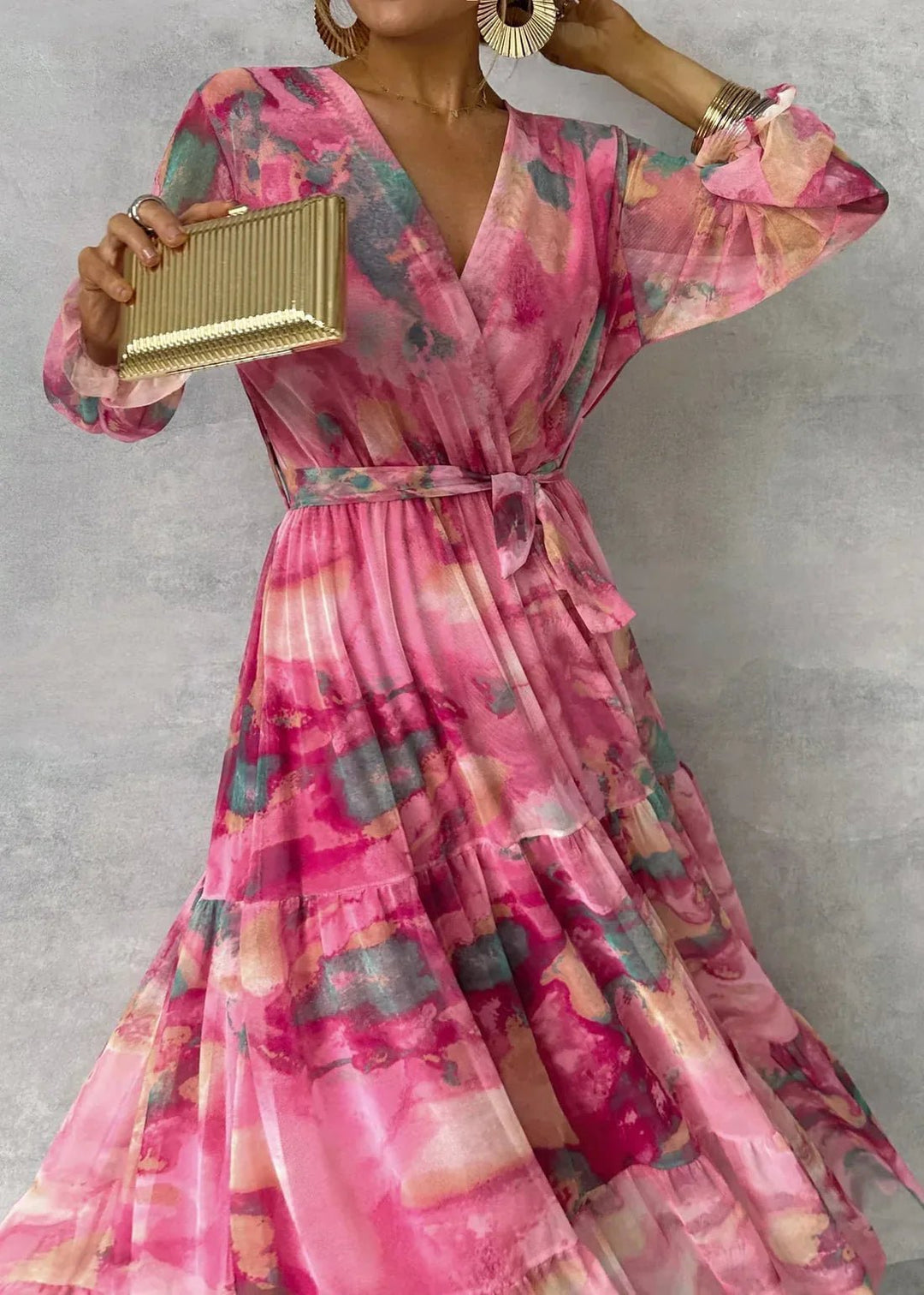 Aria | Elegant Tiered V - Neck Floral Maxi Dress With Wrap Silhouette - Floral - 2