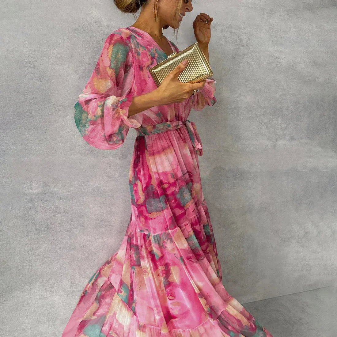 Aria | Elegant Tiered V - Neck Floral Maxi Dress With Wrap Silhouette - Floral - 5
