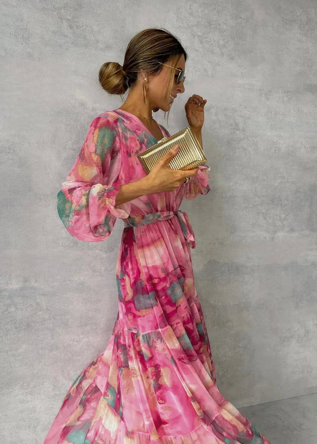 Aria | Elegant Tiered V - Neck Floral Maxi Dress With Wrap Silhouette - Floral - 3
