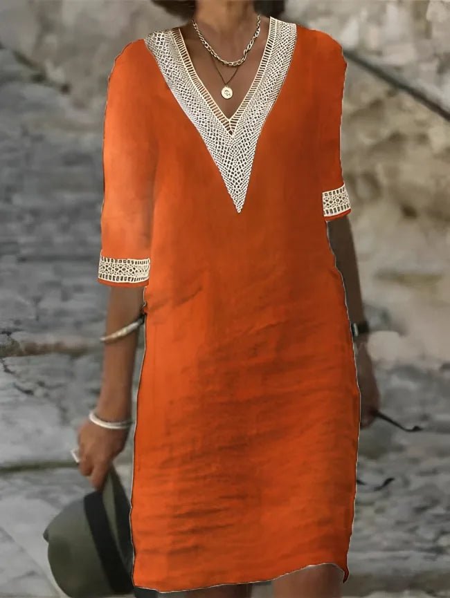 Lucy | Elegant V - Neck Crochet Detail White Summer Dress - Orange - 3