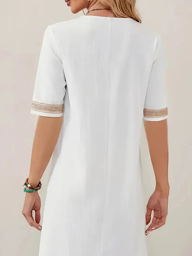 Lucy | Elegant V - Neck Crochet Detail White Summer Dress - White - 2