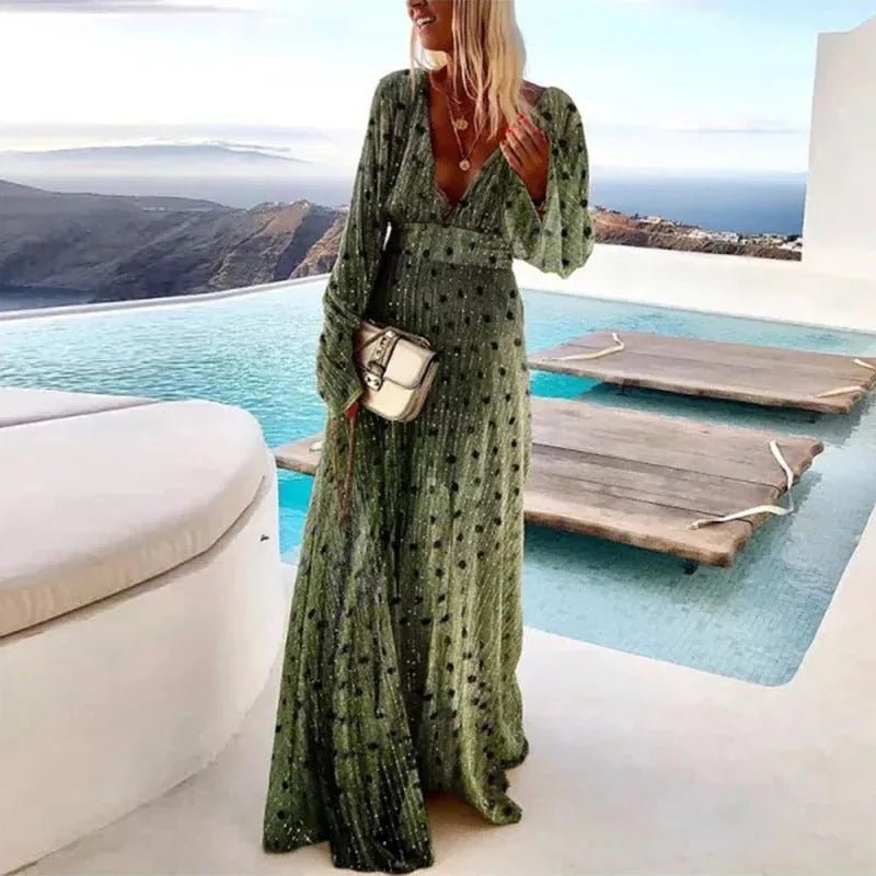 Chloe | Elegant V - Neck Dotted Maxi Dress With Long Sleeves - Green - 1