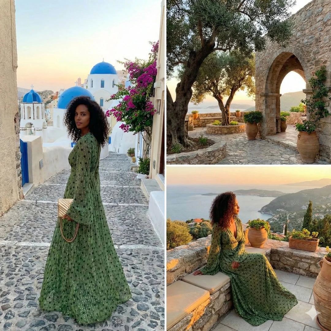 Chloe | Elegant V - Neck Dotted Maxi Dress With Long Sleeves - Green - 4