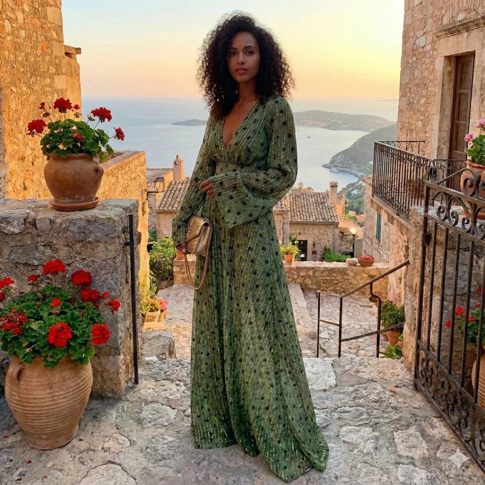 Chloe | Elegant V - Neck Dotted Maxi Dress With Long Sleeves - Green - 3