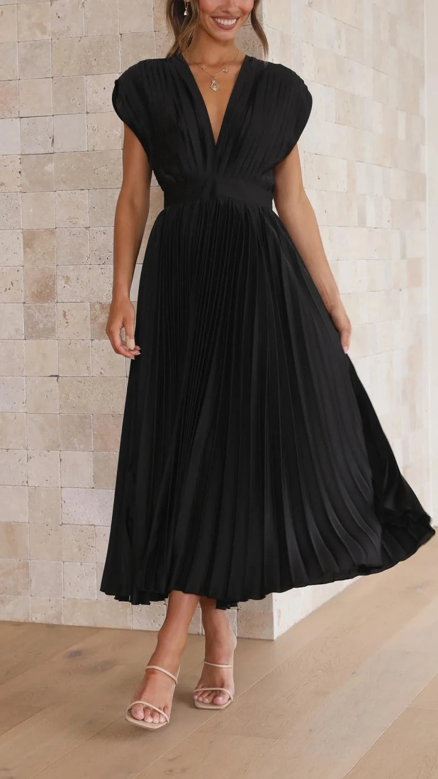 Thea | Elegant V - Neck Pleated Maxi Dress - Black - 18