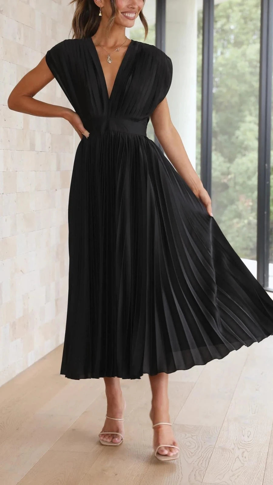 Thea | Elegant V - Neck Pleated Maxi Dress - Black - 15