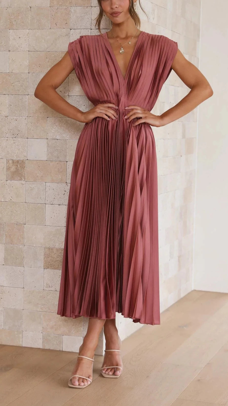 Thea | Elegant V - Neck Pleated Maxi Dress - Burgundy - 1
