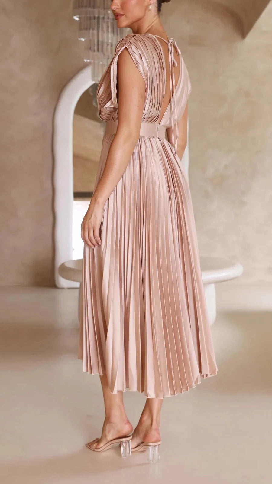 Thea | Elegant V - Neck Pleated Maxi Dress - Light Pink - 12