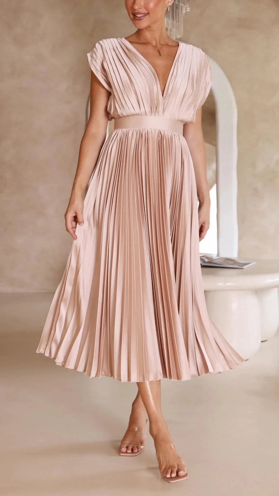 Thea | Elegant V - Neck Pleated Maxi Dress - Light Pink - 7