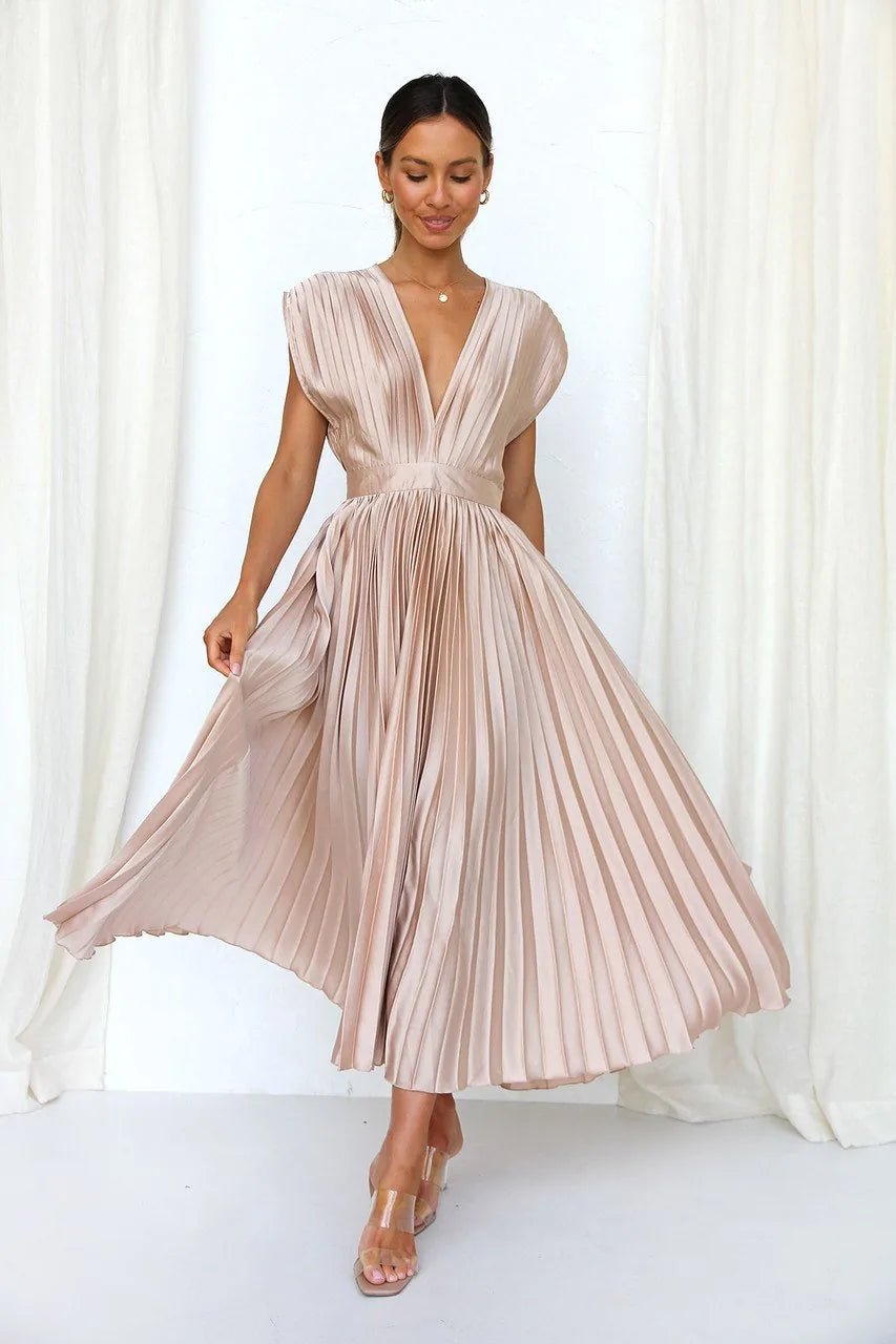 Imogen | Elegant V - Neck Pleated Midi Dress - Light Pink - 2