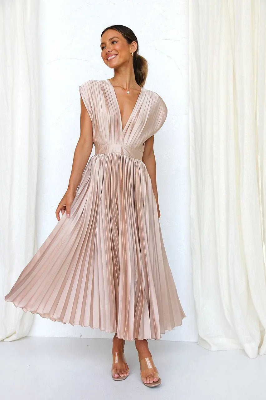 Imogen | Elegant V - Neck Pleated Midi Dress - Light Pink - 3