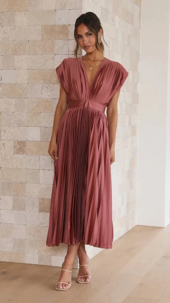 Imogen | Elegant V - Neck Pleated Midi Dress - Pink - 16