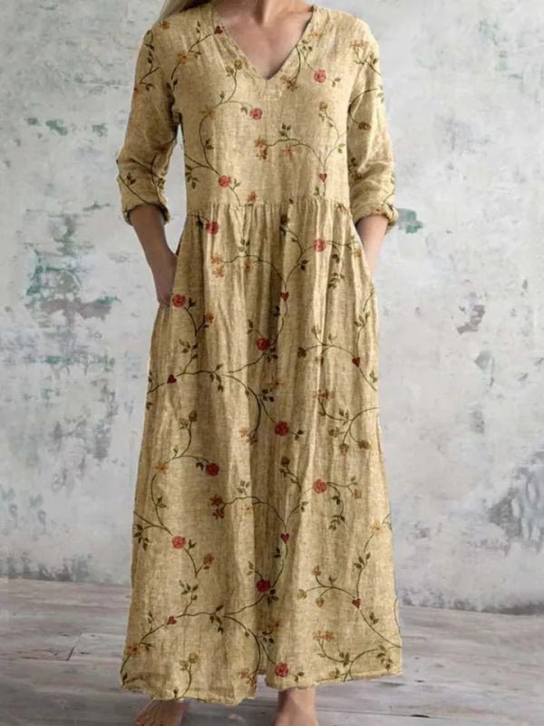 Diana | Elegant V - Neck Floral Print Maxi Dress - Beige - 3