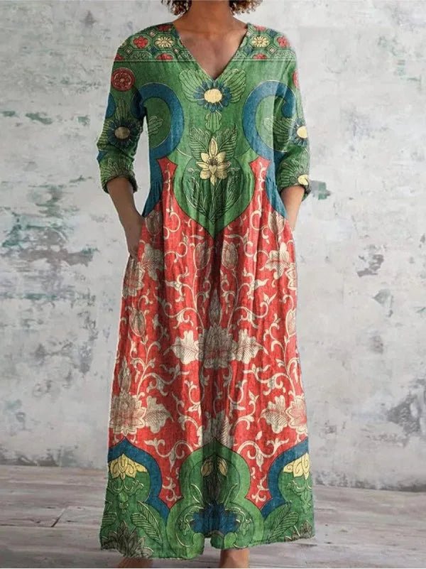 Diana | Elegant V - Neck Floral Print Maxi Dress - Multicolor - 1