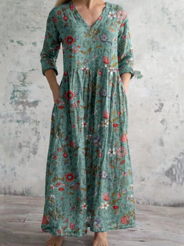 Diana | Elegant V - Neck Floral Print Maxi Dress - Turquoise - 2