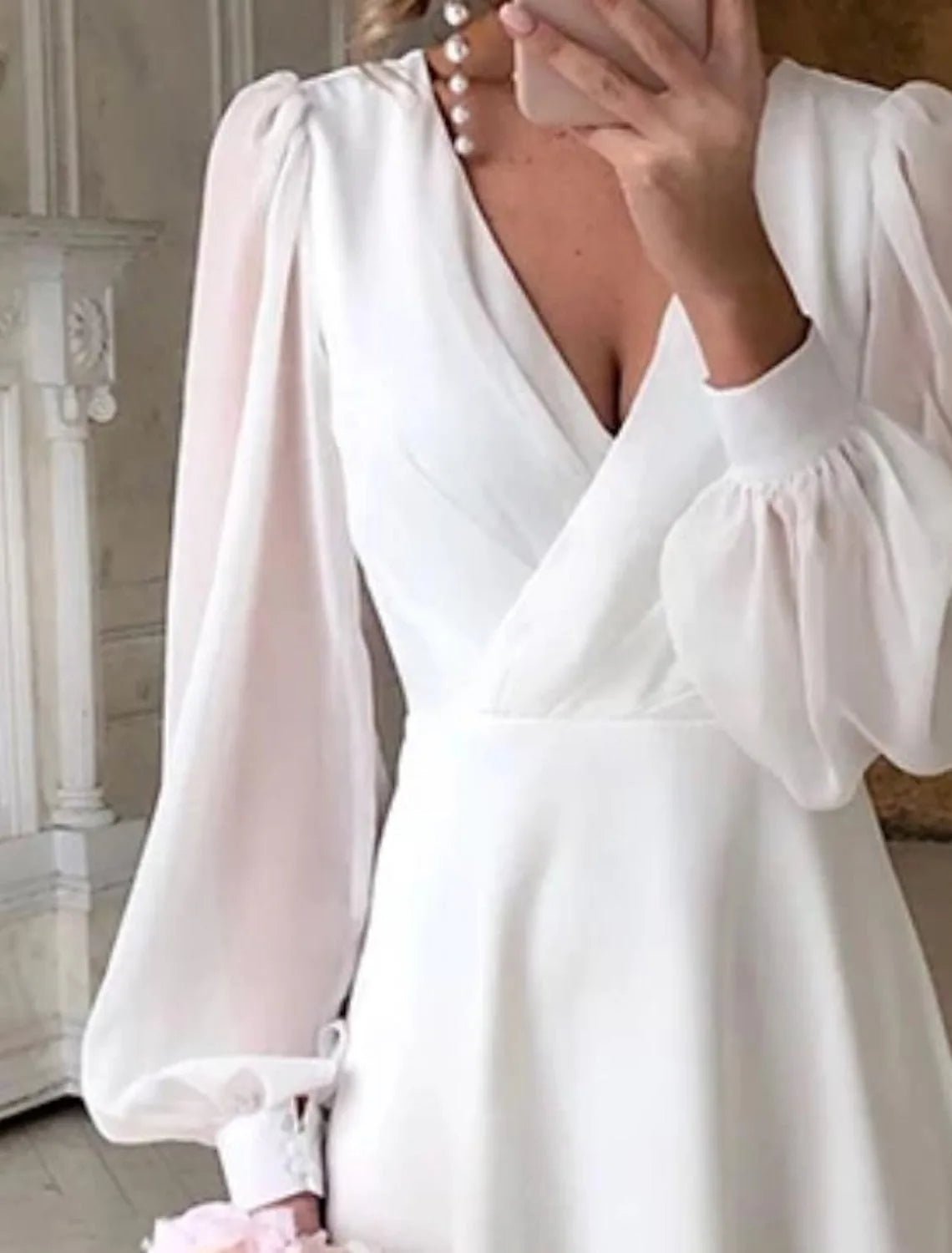 Naomi | Elegant V - Neck Puff Sleeve Midi Wrap Dress - White - 3