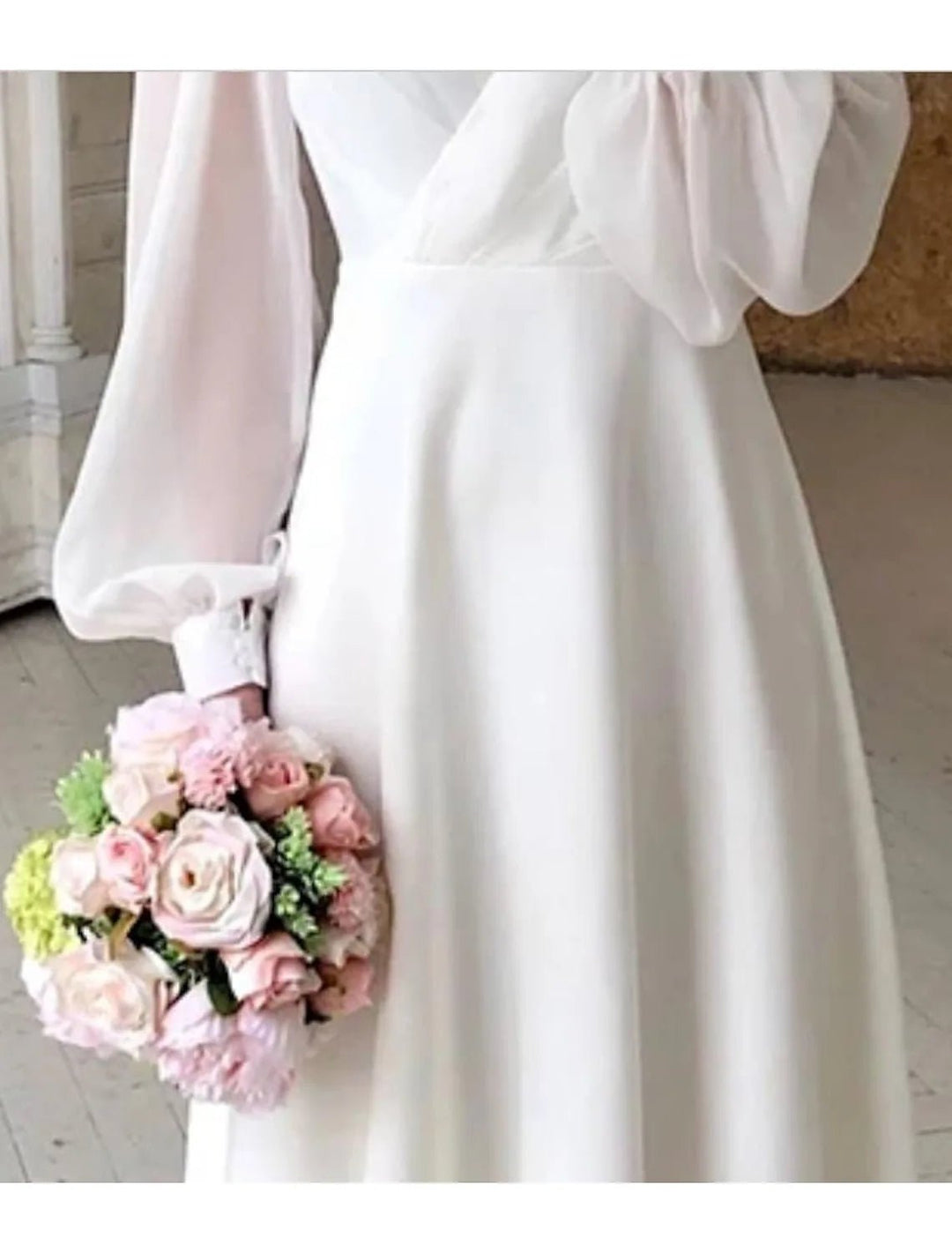 Naomi | Elegant V - Neck Puff Sleeve Midi Wrap Dress - White - 4