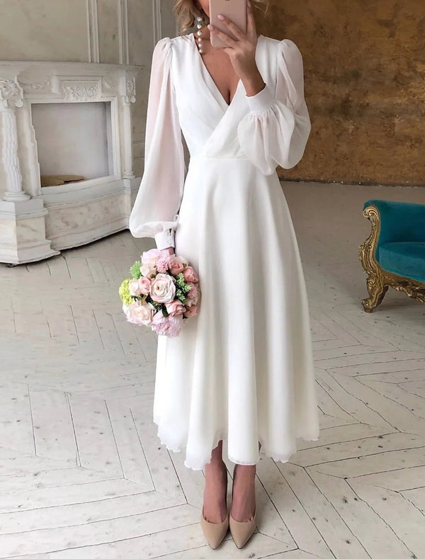 Naomi | Elegant V - Neck Puff Sleeve Midi Wrap Dress - White - 1