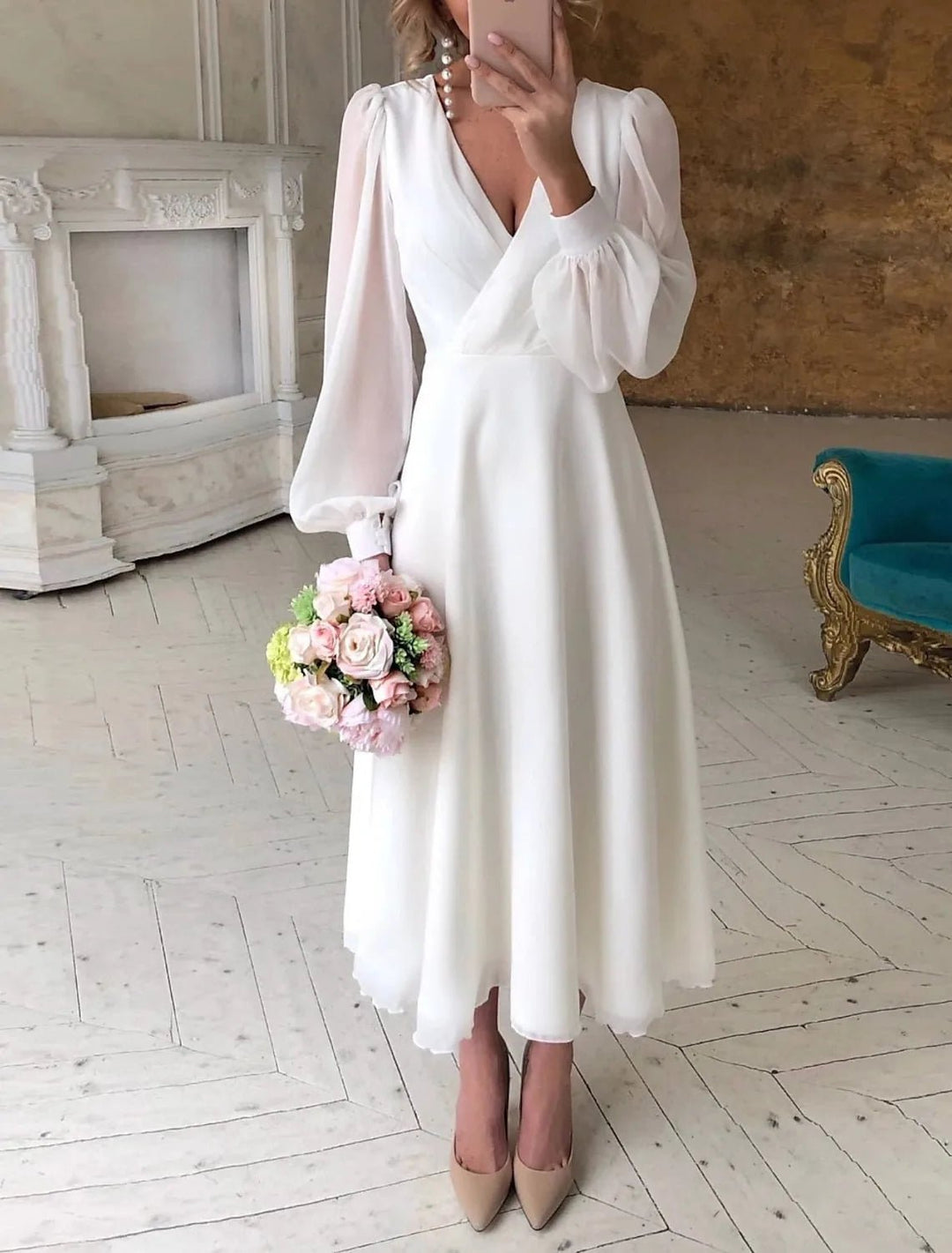 Naomi | Elegant V - Neck Puff Sleeve Midi Wrap Dress - White - 1