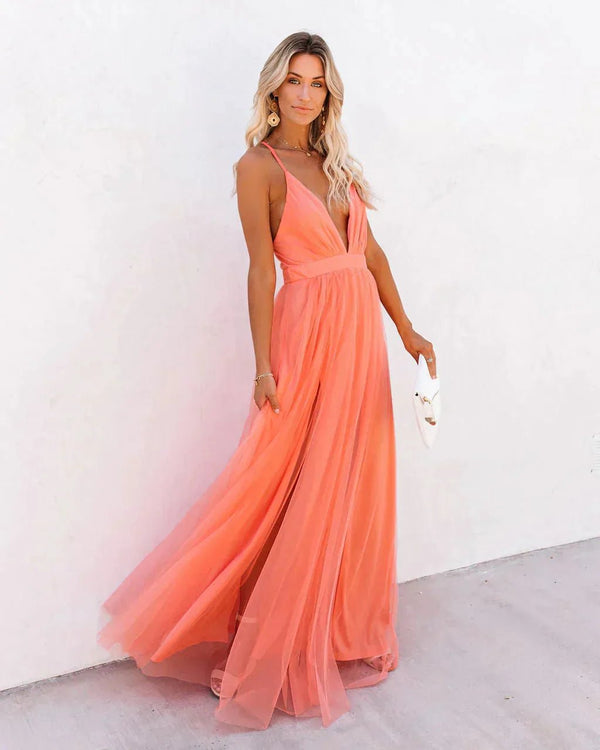 Coralie | Willa Elegant Coral V - Neck Sleeveless Maxi Dress For Women - Coral - 1