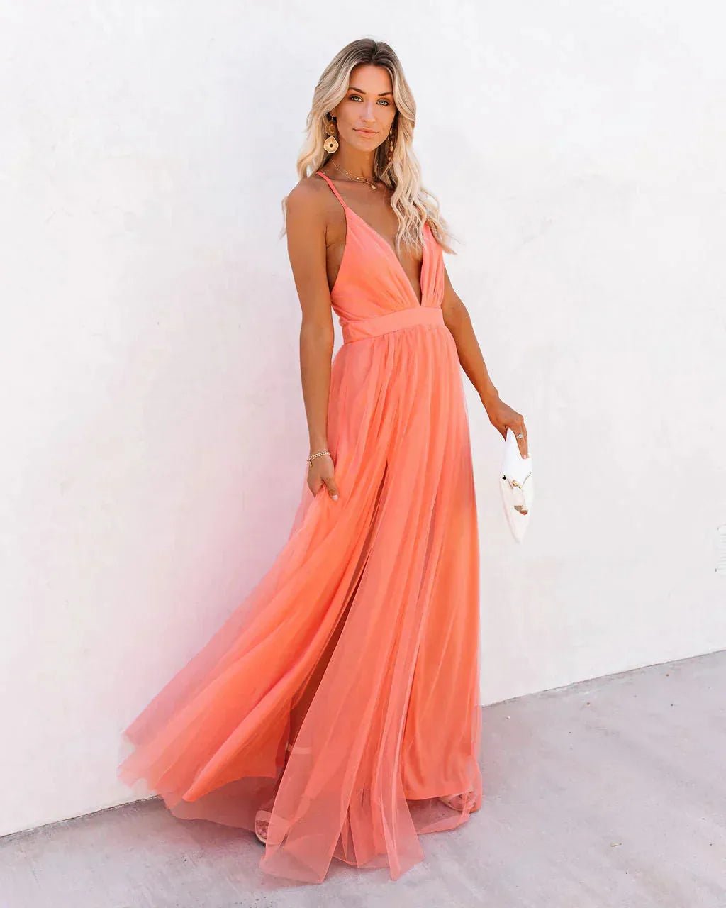 Coralie | Willa Elegant Coral V - Neck Sleeveless Maxi Dress For Women - Coral - 1