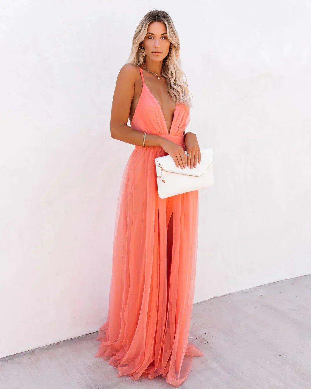Coralie | Willa Elegant Coral V - Neck Sleeveless Maxi Dress For Women - Coral - 7