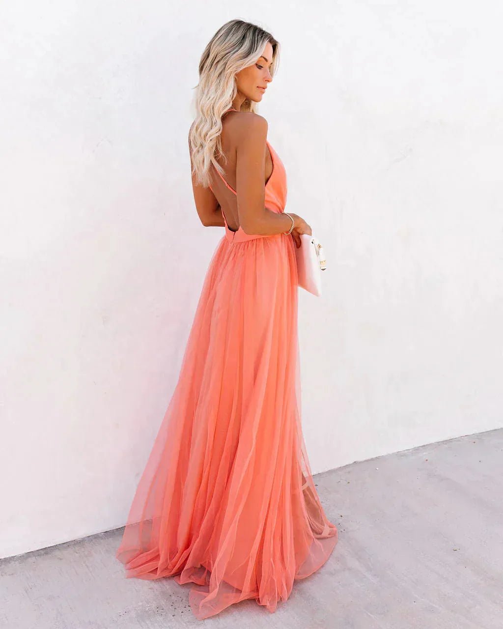 Coralie | Willa Elegant Coral V - Neck Sleeveless Maxi Dress For Women - Coral - 3