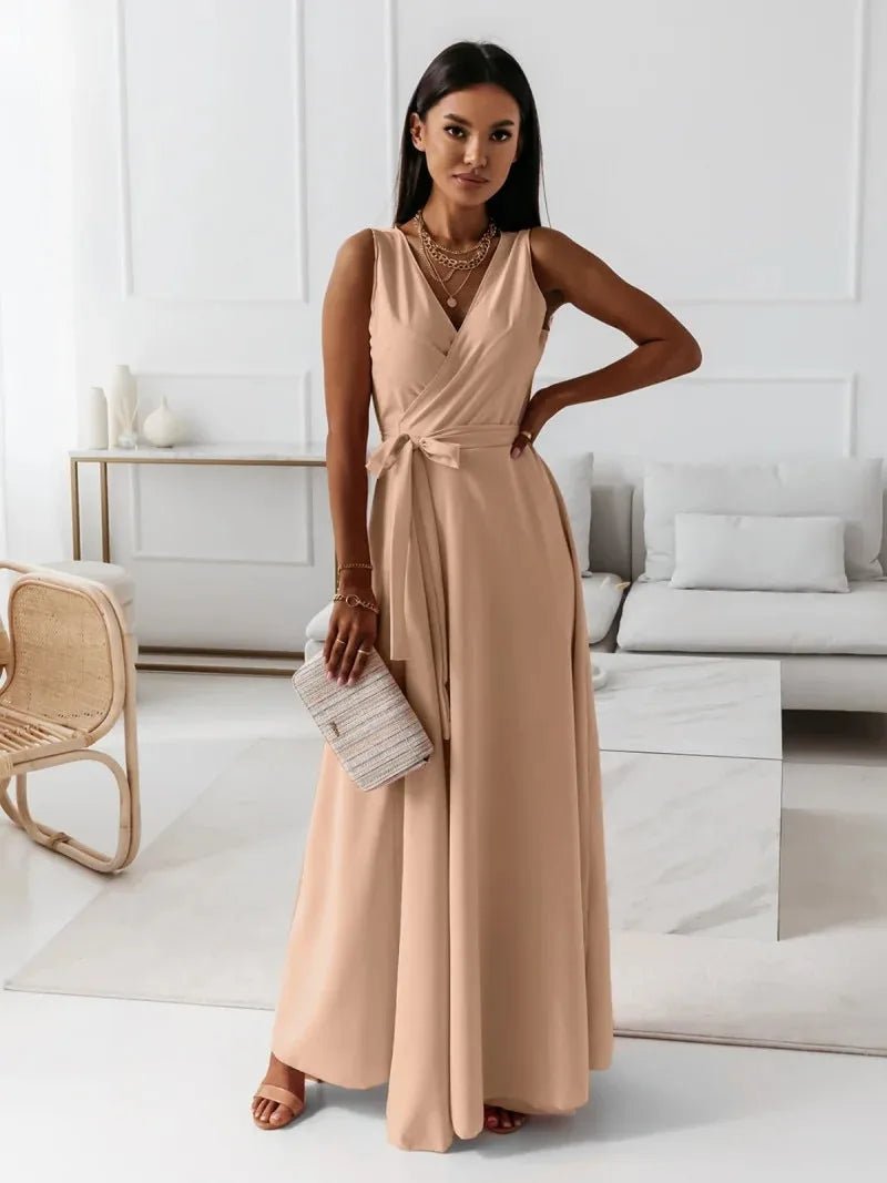 Scarlett | Elegant V - Neck Sleeveless Wrap Maxi Dress - Beige - 5