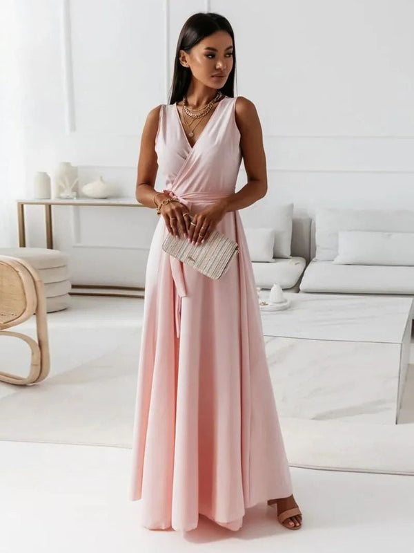 Scarlett | Elegant V - Neck Sleeveless Wrap Maxi Dress - Light Pink - 1