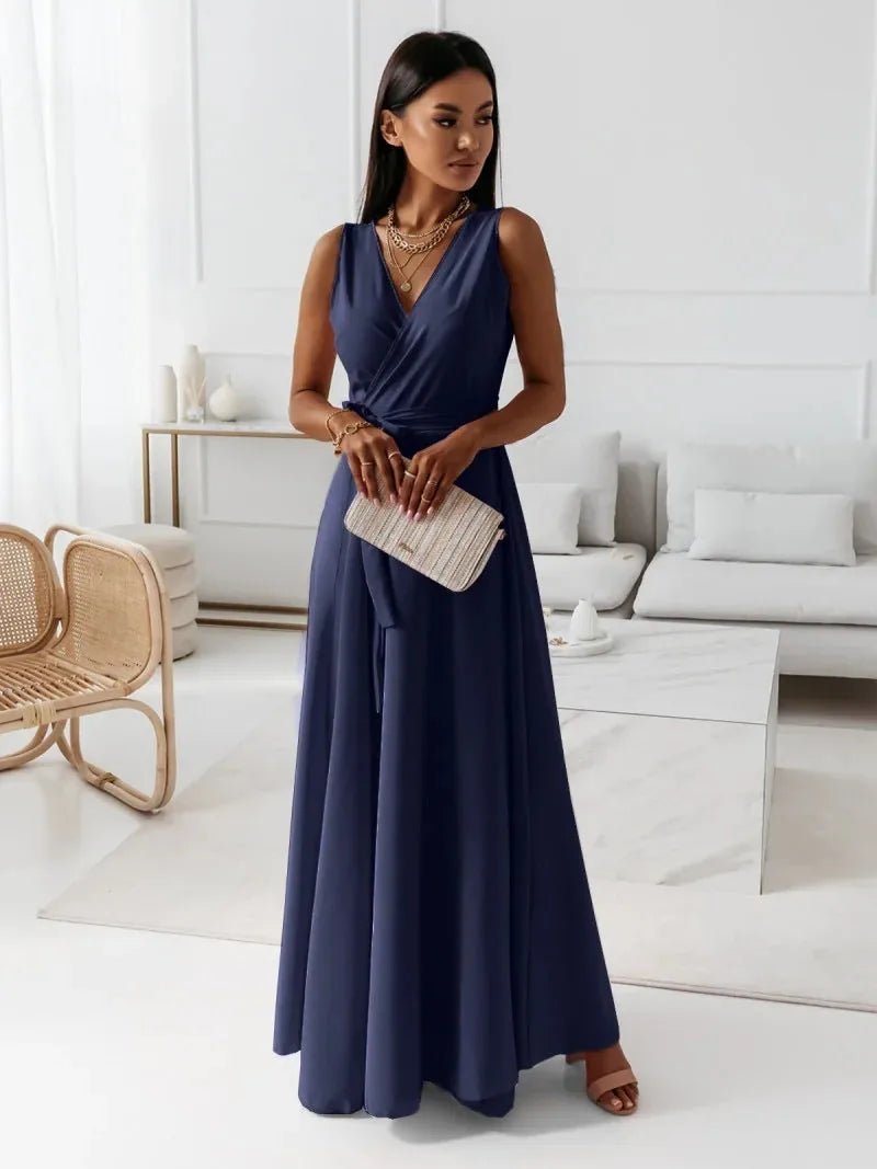Scarlett | Elegant V - Neck Sleeveless Wrap Maxi Dress - Navy Blue - 6