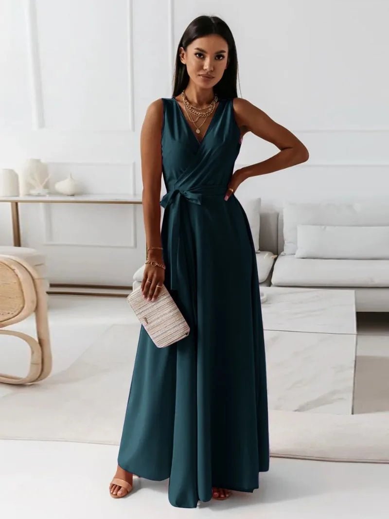 Scarlett | Elegant V - Neck Sleeveless Wrap Maxi Dress - Teal - 2