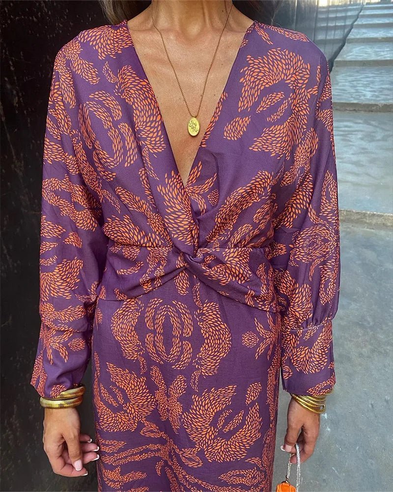 Lena | Elegant V - Neck Wrap Dress With Long Sleeves - Purple - 8