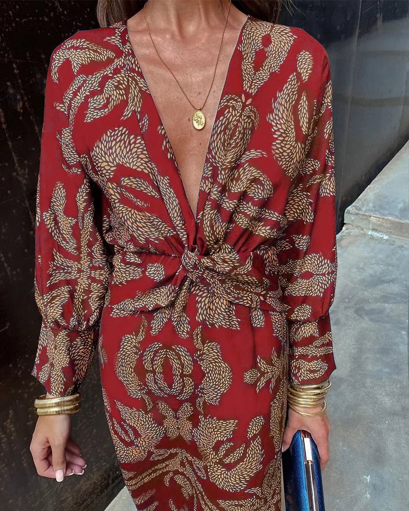 Lena | Elegant V - Neck Wrap Dress With Long Sleeves - Red - 6